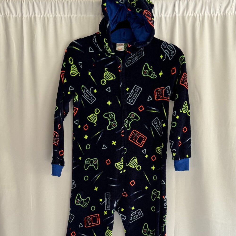 Kids Navy Blue Gaming Print One Piece fleece pajamas M 8/10 - 371